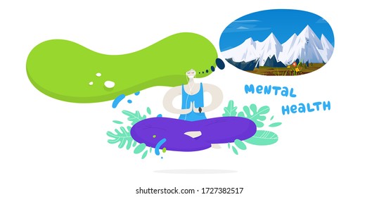 Mental health concept with yoga woman and mountain landscape. Self-care brain development. Relaxation, meditation and psychotherapy illustration. Eps10 vector