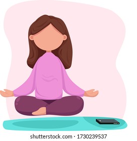 Mental health concept with yoga woman. Self-care brain development. Online psychotherapy illustration. turning off the phone