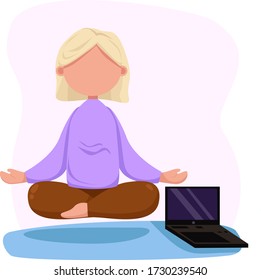 Mental health concept with yoga woman. Self-care brain development. Online psychotherapy illustration. turning off the computer