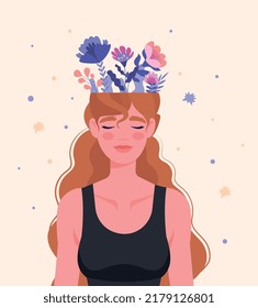 Mental Health Concept. Young Girl With Flowers In Her Head. Positive Psychology And Optimism, Positive Emotions And Feelings, Good Mood. Happy Conscious Woman. Cartoon Flat Vector Illustration