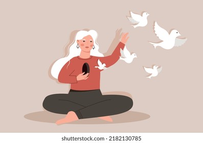 Mental health concept. Young girl frees birds from hole in chest. Manipulation or dependence. Positive psechology concept, optimism. Woman sitting in lotus position. Cartoon flat vector illustration