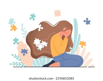 Mental health concept. Young girl sits on knees, covering her face with her hands. Depression, loneliness and stress. Psychological difficulties and problems. Cartoon flat vector illustration