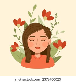 Mental health concept. Young girl with flowers. Optimism and positive emotions, good mood. Happy woman. Cartoon flat vector illustration