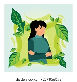 Mental health concept. Young girl doing breathing exercise, Care Awareness, mindfulness and meditation. Flat vector modern illustration 