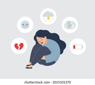 Mental health concept. Young woman is sitting on floor. She feeling sad and hopeless Suffer from depression. Stress and psychological problems.