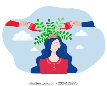 mental health concept.Hand water tree pop up form girl's head and brain ,development, illness,medical care treatment concept 
