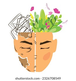 Mental health concept.Metaphor of bipolar mental disorder.double face of a person with harmonious mood and disorder.split personality.mood disorder concept.Split personality.vector illustration