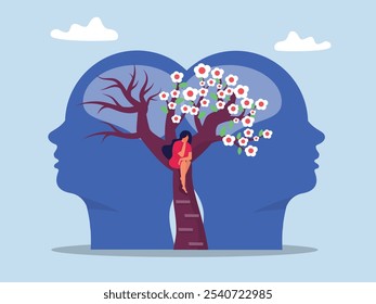 Mental health concept,Two Head silhouette with flowering tree and bare tree,Metaphor bipolar disorder mind mental disorder. Psychology growth mindset and fixed mindset vector