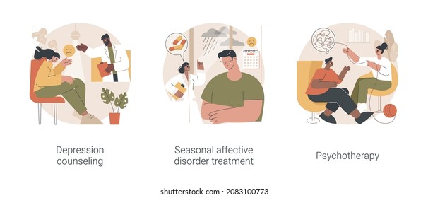 Mental health condition abstract concept vector illustration set. Depression counseling, seasonal affective disorder treatment, psychotherapy, behavioral cognitive therapy abstract metaphor.