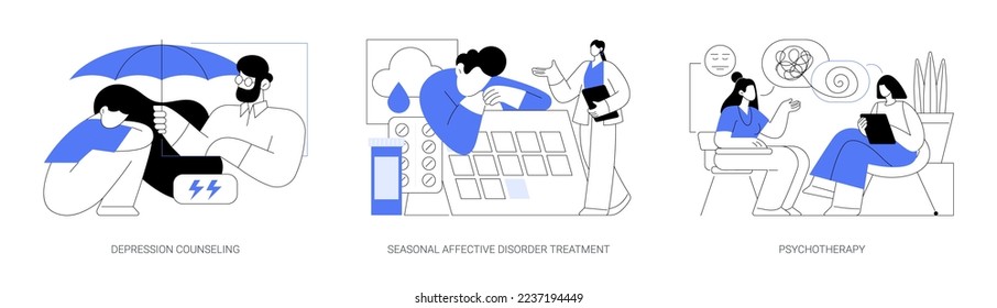 Mental health condition abstract concept vector illustration set. Depression counseling, seasonal affective disorder treatment, psychotherapy, behavioral cognitive therapy abstract metaphor.