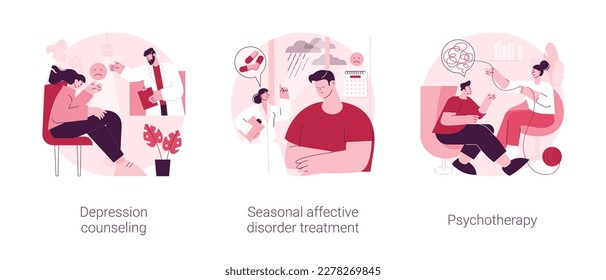 Mental health condition abstract concept vector illustration set. Depression counseling, seasonal affective disorder treatment, psychotherapy, behavioral cognitive therapy abstract metaphor.