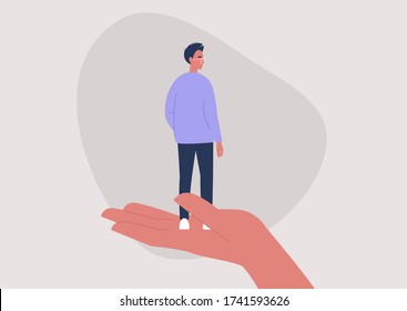 Mental health counseling, psychological issues, a young male character standing on a hand palm, care and treatment