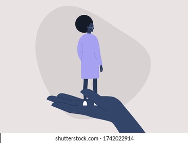 Mental health counseling, psychological issues, a young black female character standing on a hand palm, care and treatment