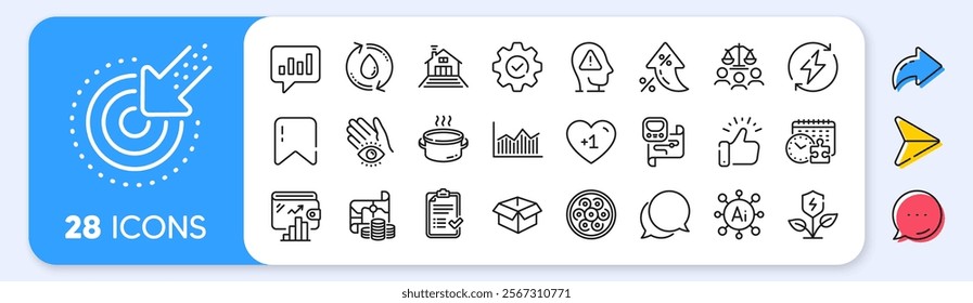 Mental health, Court jury and Puzzle time line icons. Interest rate, AI generate, Inflation icons. Pack of Eco power, Targeting, Wallet icon. Money diagram, Saucepan, Renewable power pictogram. Vector