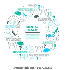 Mental health creative concept. Circle frame with medicine thin line icons and tags.