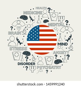 Mental health creative concept. Circle frame with medicine thin line icons and tags. Flag of the USA