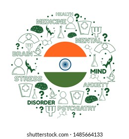 Mental health creative concept. Circle frame with medicine thin line icons and tags. Flag of  India
