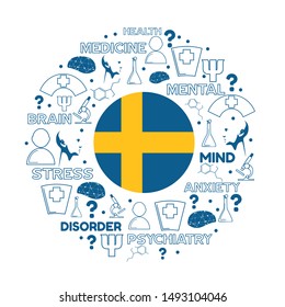 Mental health creative concept. Circle frame with medicine thin line icons and tags. Flag of the Sweden