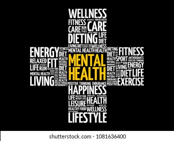 Mental health cross word cloud collage, health concept background