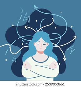 Banner do dia da saúde mental. Banner vetorial dedicado à saúde mental com ilustração de uma menina triste em suéter. Garota em depressão se sente confusa e ansiosa. Cicatrização de depressão, distúrbios de ansiedade