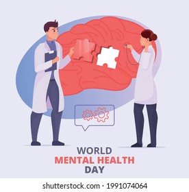 Mental health day card with two young doctors characters treating human brain flat vector illustration