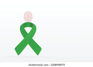 Mental Health Day Concept Banner Design With Green Ribbon With Brain Icon.10 October World Mental Health Day