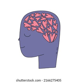 Mental health day hand drawn flat illustration psychological colorful concept with big head and a lot hearts inside. Pink hearts and lilac head minimal vector drawing.