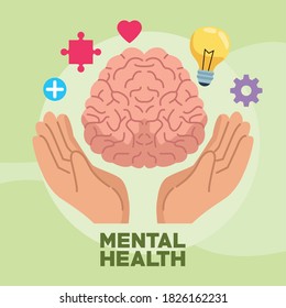 mental health day with hands protecting human brain and set items vector illustration design