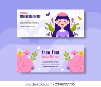 Mental Health Day Horizontal Banner Flat Cartoon Hand Drawn Templates Background Illustration