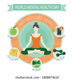 Mental health day. Infographics on the topic of maintaining emotional health: girl, meditation, instructions. Vector flat illustration.