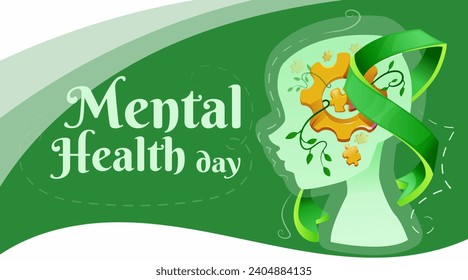 Mental health day. International holiday 10 October. Mental Disorder and Depression Awareness Month. Banner with green ribbon and person profile with puzzle in head. Cartoon flat vector illustration