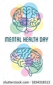 Mental Health Day lettering with brains humans and colors vector illustration design