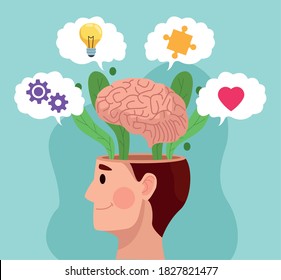 Mental Health Day Man Profile And Brain With Set Items Vector Illustration Design