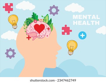mental health day man profile and heart in brain with icons vector illustration design, self care, positive thinking.