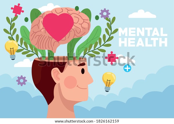 mental health day man profile and\
heart in brain with icons vector illustration\
design