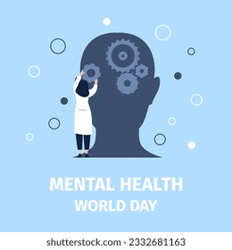 Mental health day poster. Psychology care, doctor repair brain abstract concept. Positive mind, thinking and memory. Medical recent vector scene