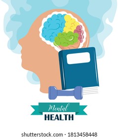 mental health day, psychology medical treatment head brain read and exercises vector illustration