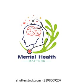 Mental health day vector illustration with people brain and stethoscope concept