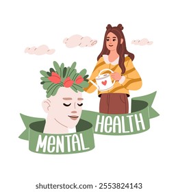 Mental health day. Young woman is watering flowers of health. Hand drawing vector illustration. Psychotherapy, psychology, self love, healthy mindset concept.