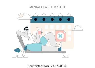 Mental Health Days Off concept. Illustration of relaxation during a mental health break. Person unwinding on lounge chair with a calm setting. Vector illustration.