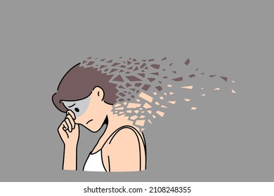 Mental health and depression concept. Head of young sad disappointed woman touching her face with breaking head feeling depressed and unhappy vector illustration 