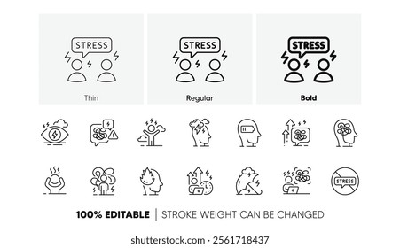 Mental health, depression and confusion thoughts. Stress line icons. Frustrated man, negative mood, panic fear outline icons. Stress pressure and psychology mental problems. Bad depression. Vector