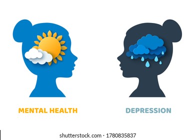 Mental health and depression psychology concept. Vector illustration. Blue woman head silhouette isolated on white background for psychotherapy design. Sun, rain and clouds for mood definition.