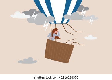 Mental health, depression or sadness, anxiety and stressed problem, work difficulty and obstacle, pessimism concept, depressed desperate and hopeless woman in falling down air balloon in thunder storm