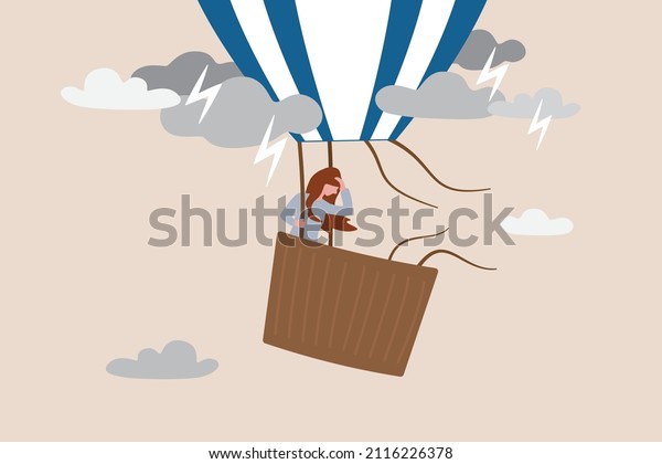 Mental health, depression or sadness, anxiety and\
stressed problem, work difficulty and obstacle, pessimism concept,\
depressed desperate and hopeless woman in falling down air balloon\
in thunder storm