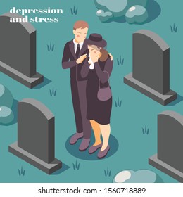 Mental health depression stress isometric composition on coping with grief loss death of loved one vector illustration  svg