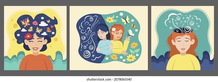 Mental health design concept set. Joyful brunette with flowers, butterflies, clouds in head show happiness. Redhead upset girl with mess of signs, lines show sadness, depression. Vector illustration