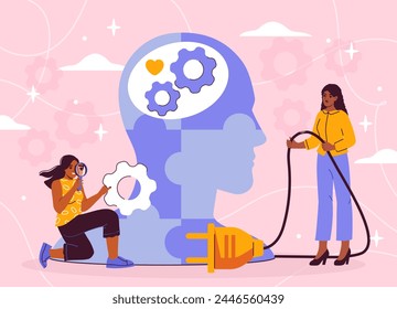 Mental health diagnostic concept. Two women near silhouette of head with coghweels. Mindfulness and awareness. Healthcare and treatment, diagnosis. Cartoon flat vector illustration