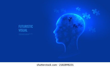 Salud mental en estilo futurista digital. Rompecabezas en forma de cabeza humana, concepto de psicología o de enfermedades de la memoria. Ilustración vectorial sobre fondo nocturno oscuro con efecto neón claro