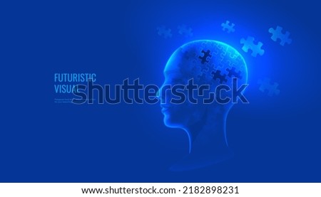 Mental health in digital futuristic style. Puzzle in the form of a human head, a concept for psychology or memory diseases. Vector illustration on dark night background with light neon effect Stock photo © 